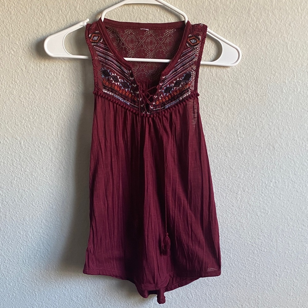 Time and Tru Embroidered Burgundy Sleeveless Top